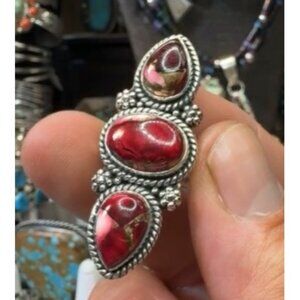 Red Dahlia Turquoise Sterling Silver Closed Back Ring Size 10